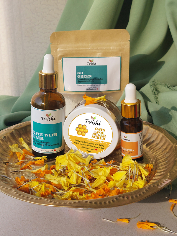 Velicham Kit - Date with Hair concentrate / GoGreen Clay mask / Nakshatra Glow serum / Oats & Sugar Scrub